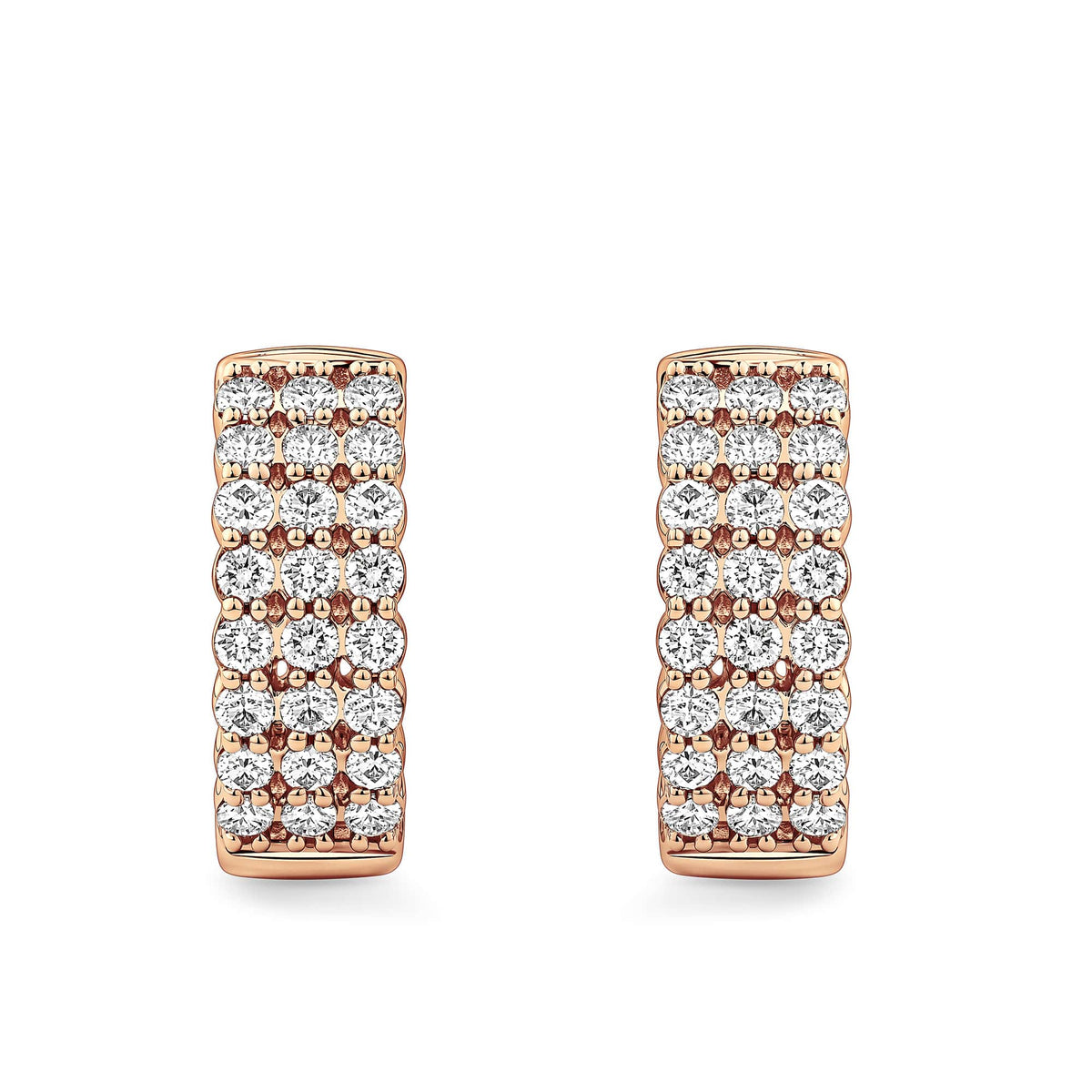 Quintessential 0.50 Carat TW Diamond Huggie Hoop Earrings in 18ct rose gold from Hardy Brothers Jewellers, shown front-on as a pair with their three rows of round brilliant cut diamonds.