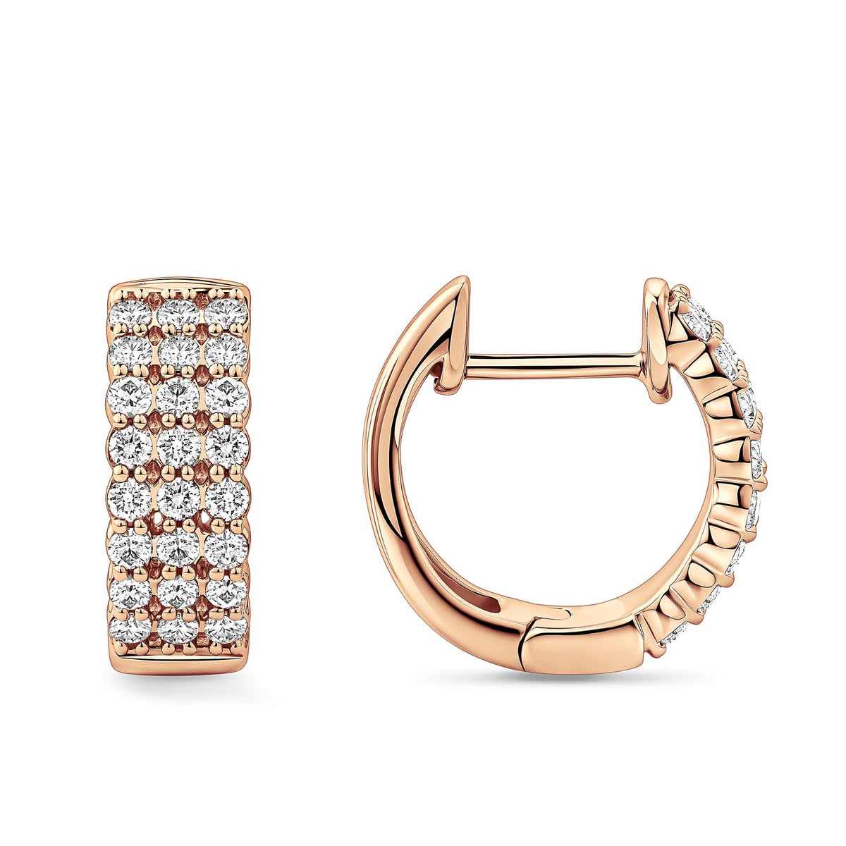 Quintessential Diamond Huggie Hoop Earrings in 18ct rose gold by Hardy Brothers, one earring tilted to show the hoop shape and clip-in clasp.