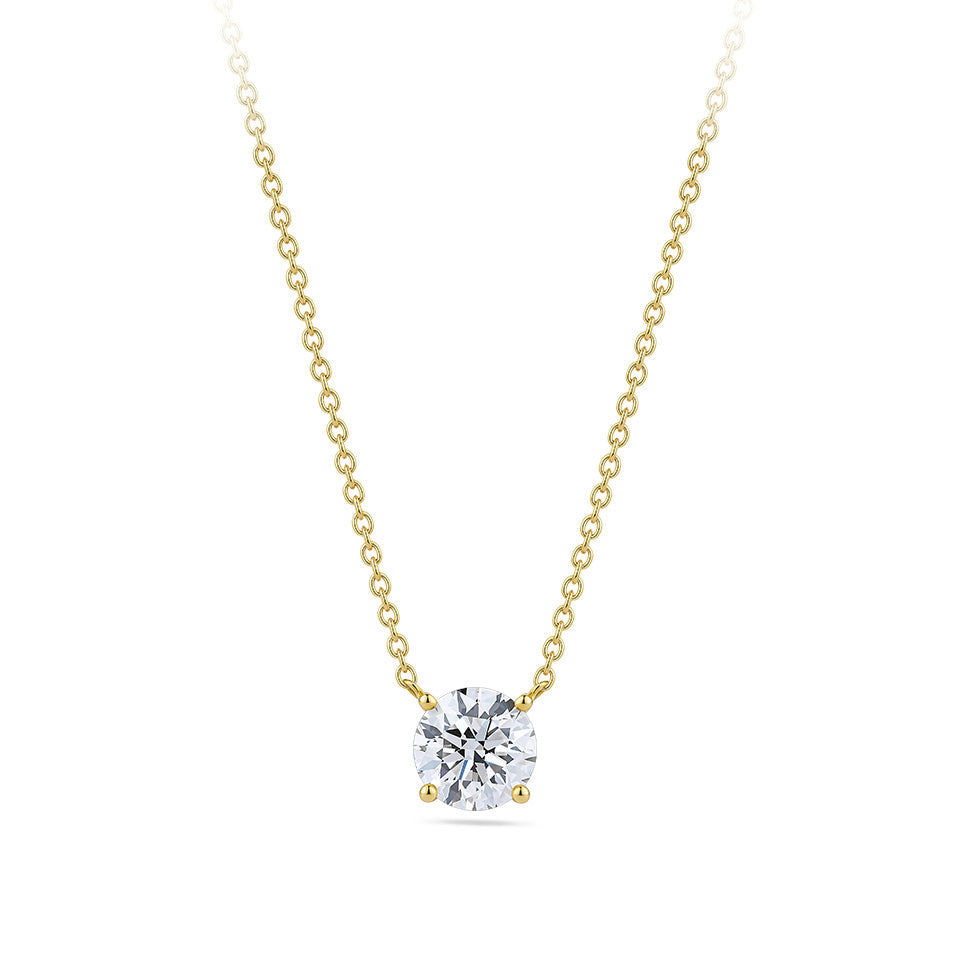 1.00 Carat Round Brilliant Cut Diamond Solitaire Necklace in 18ct yellow gold from Hardy Brothers Jewellers, shown front-on with the claw-set diamond pendant on its chain.