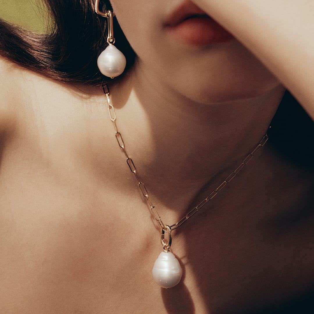 Yellow Gold Paperclip Chain and Baroque South Sea Pearl Enhancer