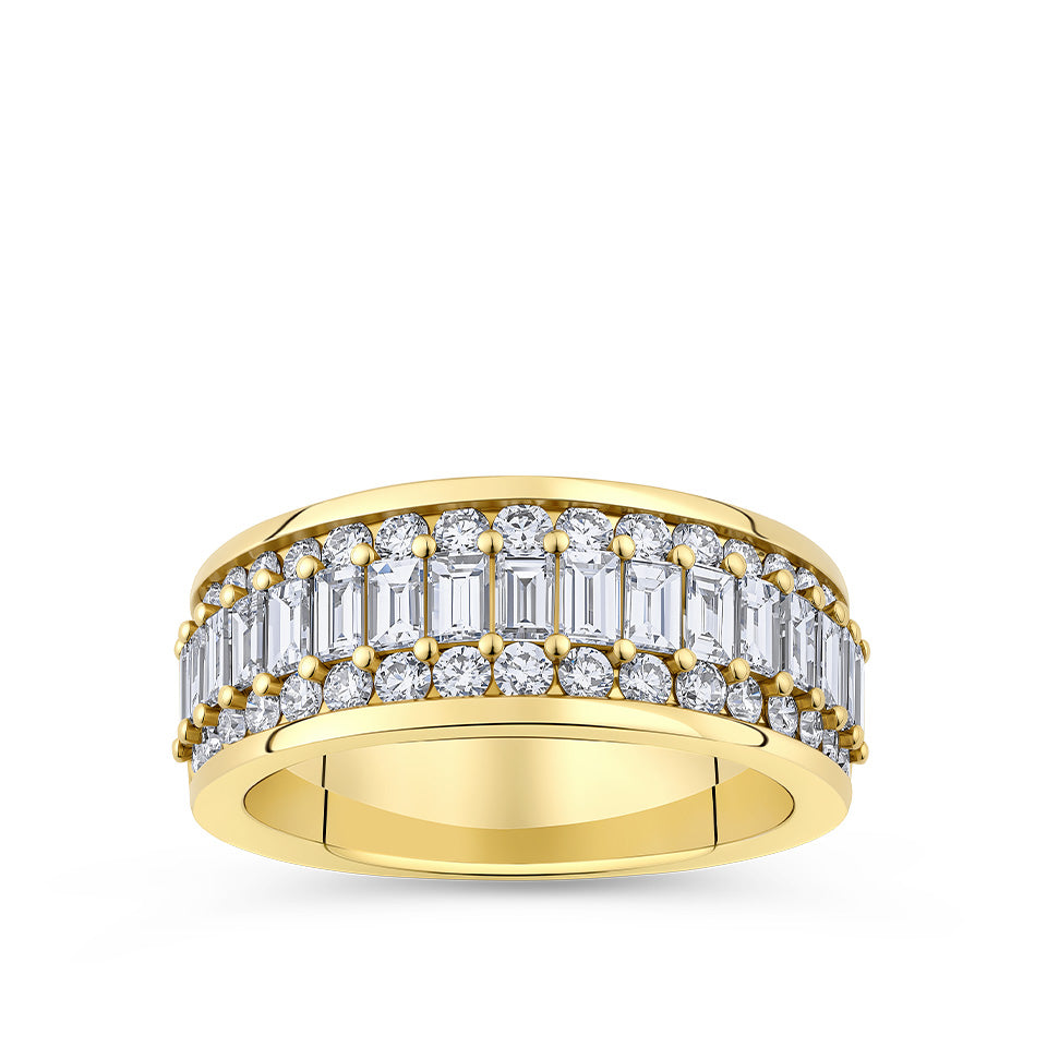 1.70 Carat TW Baguette and Round Brilliant Cut Diamond Dress Ring in 18ct yellow gold from Hardy Brothers Jewellers, shown front-on with its central row of baguette diamonds flanked by round brilliant cut diamonds.