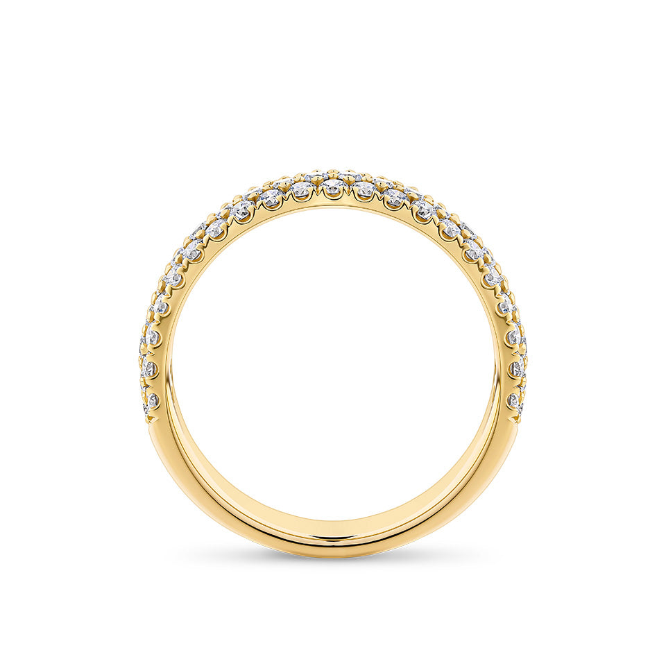 Side view of the Quintessential 1.00 Carat TW Diamond Pavé Ring in 18ct yellow gold by Hardy Brothers, showing the width of the band and the diamonds set across its surface.