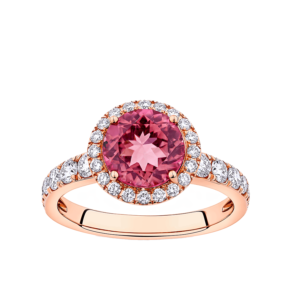 Pink Tourmaline Round and Diamond Halo Ring in 18ct Rose Gold
