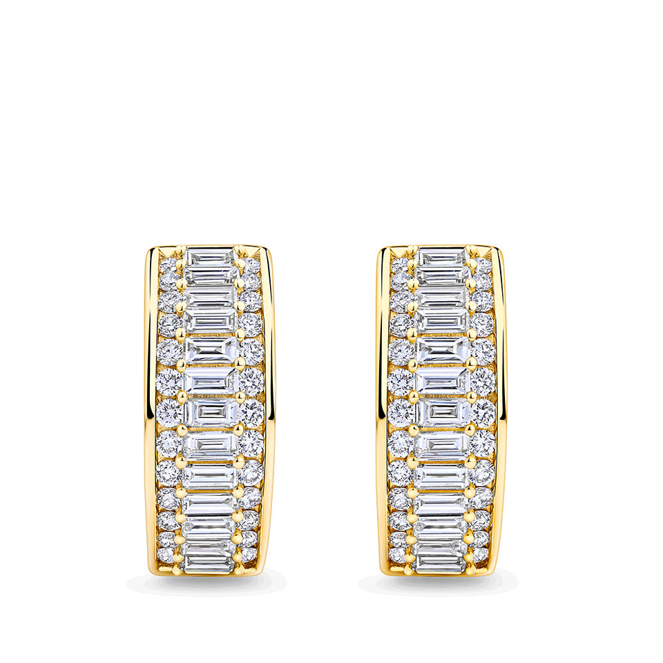 1.00 Carat Baguette and Round Brilliant Cut Diamond Channel Set Huggie Earrings in 18ct Yellow Gold