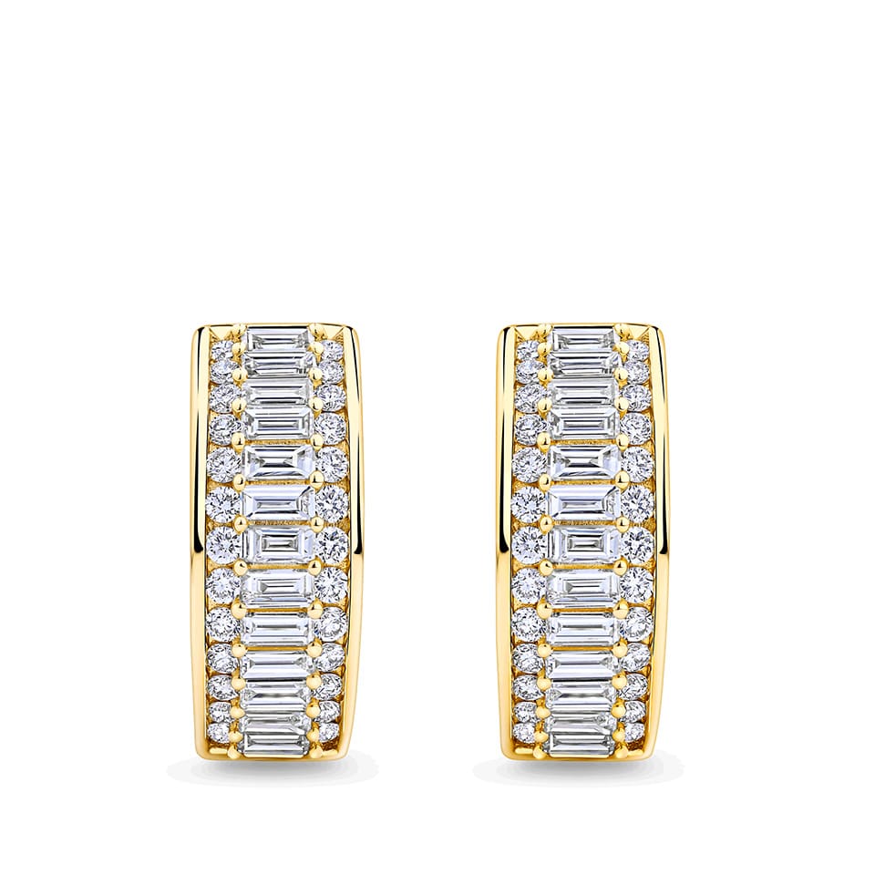 1.00 Carat Baguette and Round Brilliant Cut Diamond Channel Set Huggie Earrings in 18ct Yellow Gold