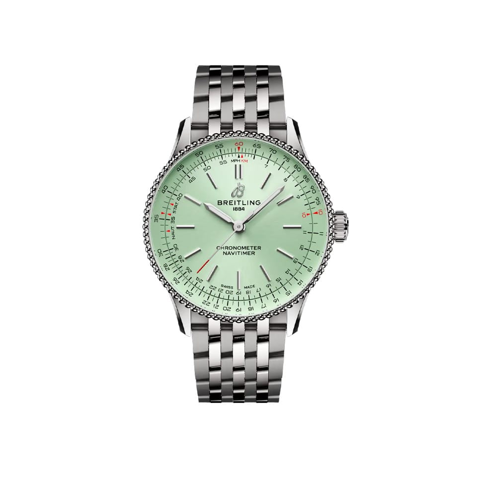 Breitling Navitimer Automatic 36mm Watch A17327361L1A1 displays its mint green dial with the beaded bezel and iconic circular slide rule that gives the Navitimer its unmistakable appearance. The stainless steel case is sized at 36mm for a versatile, jewellery-like appeal.