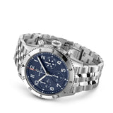 Breitling Classic AVI Automatic Chronograph 42mm Watch A233801A1C1A1 reveals the straight-link detail of its stainless steel bracelet. The bracelet's finish matches the tone of the 42mm case throughout.