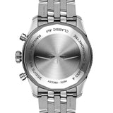 Breitling Classic AVI Automatic Chronograph 42mm Watch A233801A1C1A1 features a screwed-in case back protecting the self-winding Breitling Caliber 23 movement. The case back sits within the 42mm stainless steel case, measuring 14.7mm in thickness.