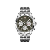 Breitling Classic AVI Automatic Chronograph 42mm Watch A233802A1L1A1 displays its green dial with large, legible Arabic numerals and a matching knurled bezel. The stainless steel case pays tribute to the Curtiss P-40 Warhawk's rugged aviation heritage.