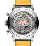 Breitling Top Time Deus B01 Chronograph 41mm Watch AB01765A1B1X1 features a screwed-in sapphire crystal case back revealing the self-winding Breitling Manufacture Caliber 01 movement. The case back sits within the 41mm stainless steel case, measuring 13.3mm in thickness.