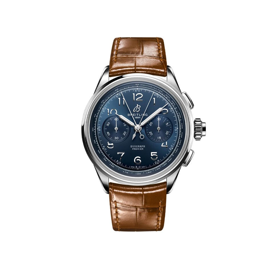 Breitling Premier B15 Duograph 42mm Watch AB1510171C1P1 displays its blue dial with a bi-compax chronograph layout and Arabic numerals. The stainless steel case features rectangular chronograph pushers and a fixed bezel.