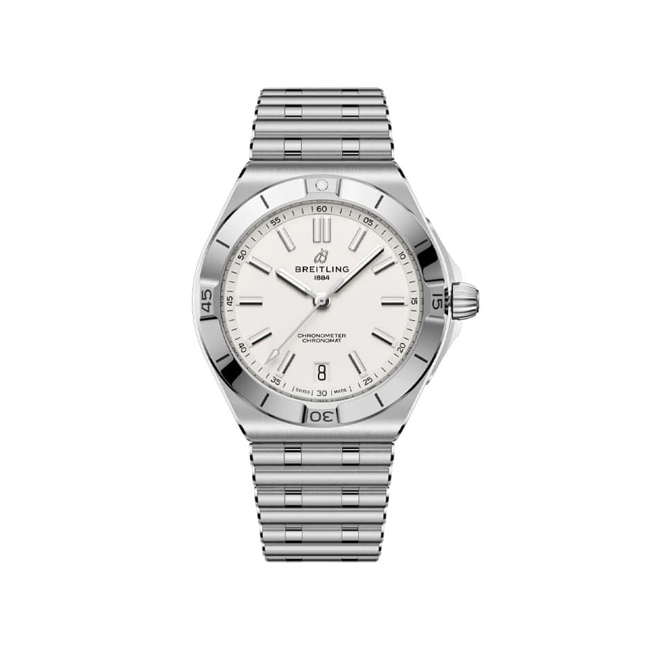 Breitling Chronomat B31 Automatic 40mm Watch AB3114101A1A1 — front view showing white dial on fully integrated stainless steel Rouleaux bracelet