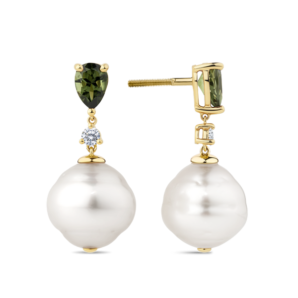 Australian South Sea Pearl Tourmaline and Diamond Drop Earrings in 18ct Yellow Gold Hardy Brothers Jewellers