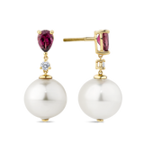 Australian South Sea Pearl Pink Tourmaline and Diamond Drop Earrings in 18ct Yellow Gold