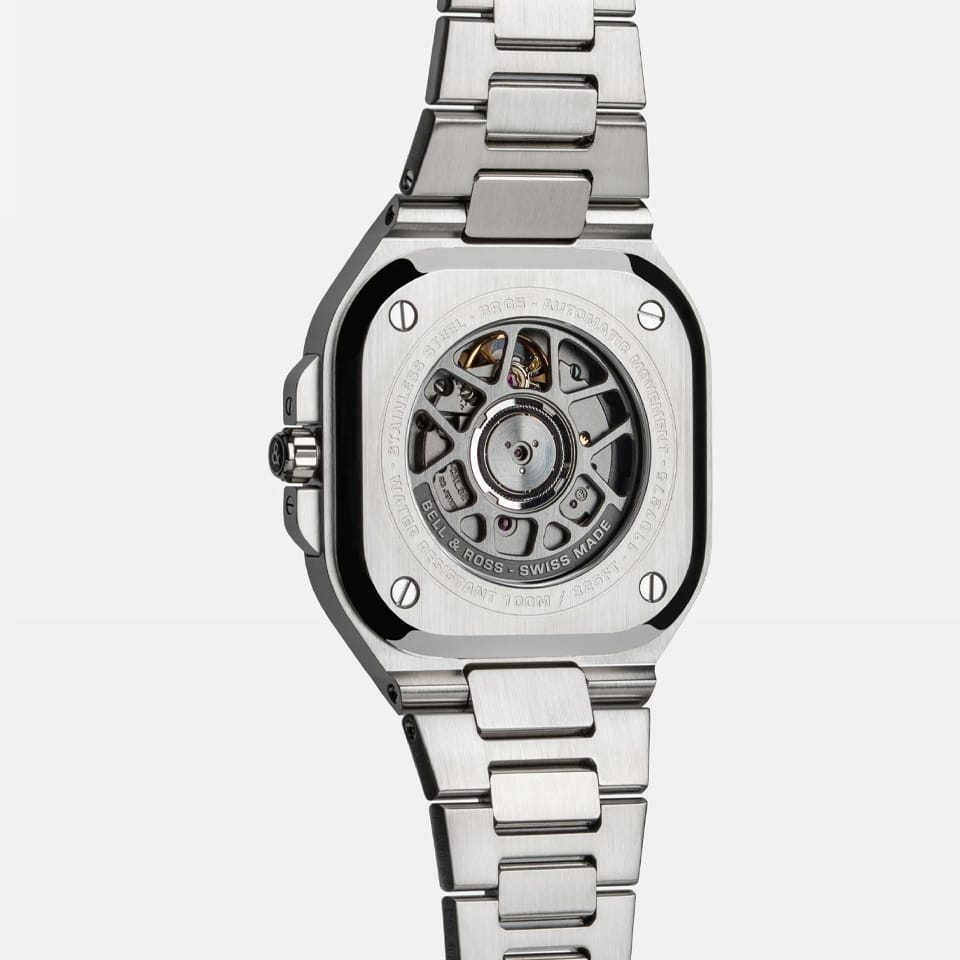 bell & Ross BR-05 Automatic 40mm Men's Watch, reference BR05A-BL-ST/SST, showing the back of the stainless steel bracelet and deployment clasp with push-button release. The brushed and polished finish continues consistently through the band links.