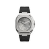 Bell & Ross BR-05 Automatic 40mm Men's Watch, reference BR05A-GR-ST/SRB, shown front on with its angular polished-satin steel case. The sunburst grey dial features applied numerals and indexes filled with Super-LumiNova.