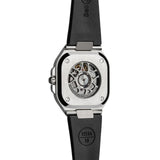 Bell & Ross BR-05 Automatic 40mm Men's Watch, reference BR05A-GR-ST/SRB, showing the back of the black rubber strap and polished-satin steel folding clasp. The sapphire crystal case back reveals the 360° oscillating weight of the automatic movement.