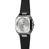 Bell & Ross BR-05 Automatic 40mm Men's Watch, reference BR05A-GR-ST/SRB, photographed at a three-quarter angle to showcase the case, screw-down crown and dial in dimensional detail. The anti-reflective coated sapphire crystal is visible catching the light.