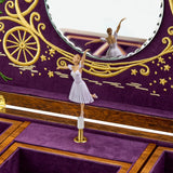 Close-up detail of the Wolf Cinderella Ballet Musical Jewellery Box 190017, focusing on the hand-painted ballerina and marquetry inlay detailing. Two interchangeable ballerinas in different skin tones are included with the piece.