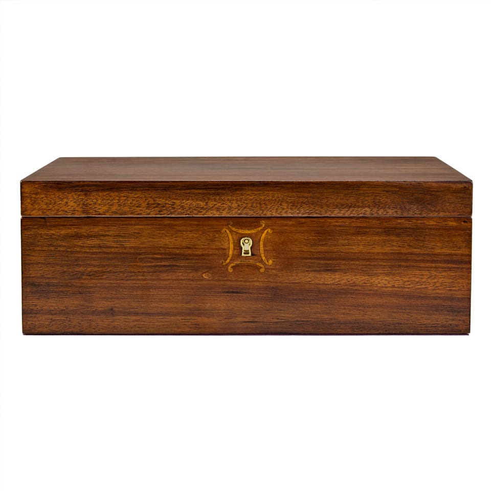 A rectangular wooden storage box with a hinged lid, featuring a warm brown wood grain finish and a small gold-tone decorative latch on the front, set against a plain white background.