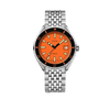 DOXA SUB 200 Professional Automatic 42mm Watch (Ref. 799.10.351.10) — front view showing signature orange dial, sapphire-inlay unidirectional rotating bezel, date window at 3 o'clock, Super-LumiNova indices and hands, 38 Hours power reserve, and stainless steel beads-of-rice bracelet