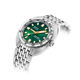 DOXA SUB 200T Sea Emerald Automatic 39mm Watch 804.10.131S.10 shown at a 3-4 angle showing rotating bezel and gold hands