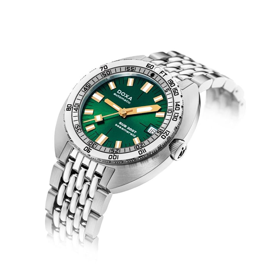 DOXA SUB 200T Sea Emerald Automatic 39mm Watch 804.10.131S.10 shown at a 3-4 angle showing rotating bezel and gold hands