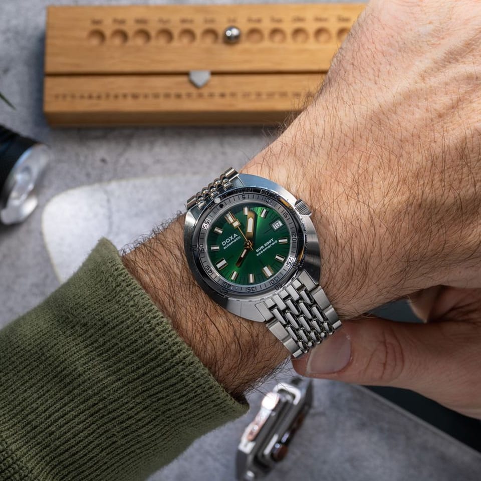 DOXA SUB 200T Sea Emerald Automatic 39mm Watch 804.10.131S.10 - shown on wrist