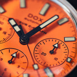 DOXA SUB 200 C-GRAPH Automatic Chronograph 45mm Watch 798.10.351.10 - close up showing sub dials, luminous hands and markers.