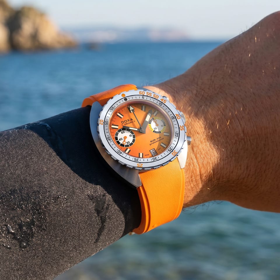 DOXA SUB 200 T-GRAPH II Automatic Chronograph 42mm Watch 806.10.351.21 - on wrist showing diving watch capabilities