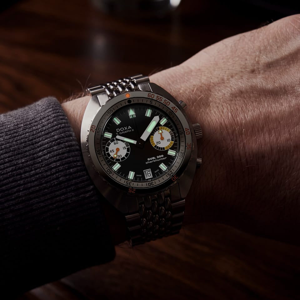 DOXA SUB 200 T-GRAPH II Sharkhunter Automatic Chronograph 42mm Watch 806.10.101.10 - on wrist
