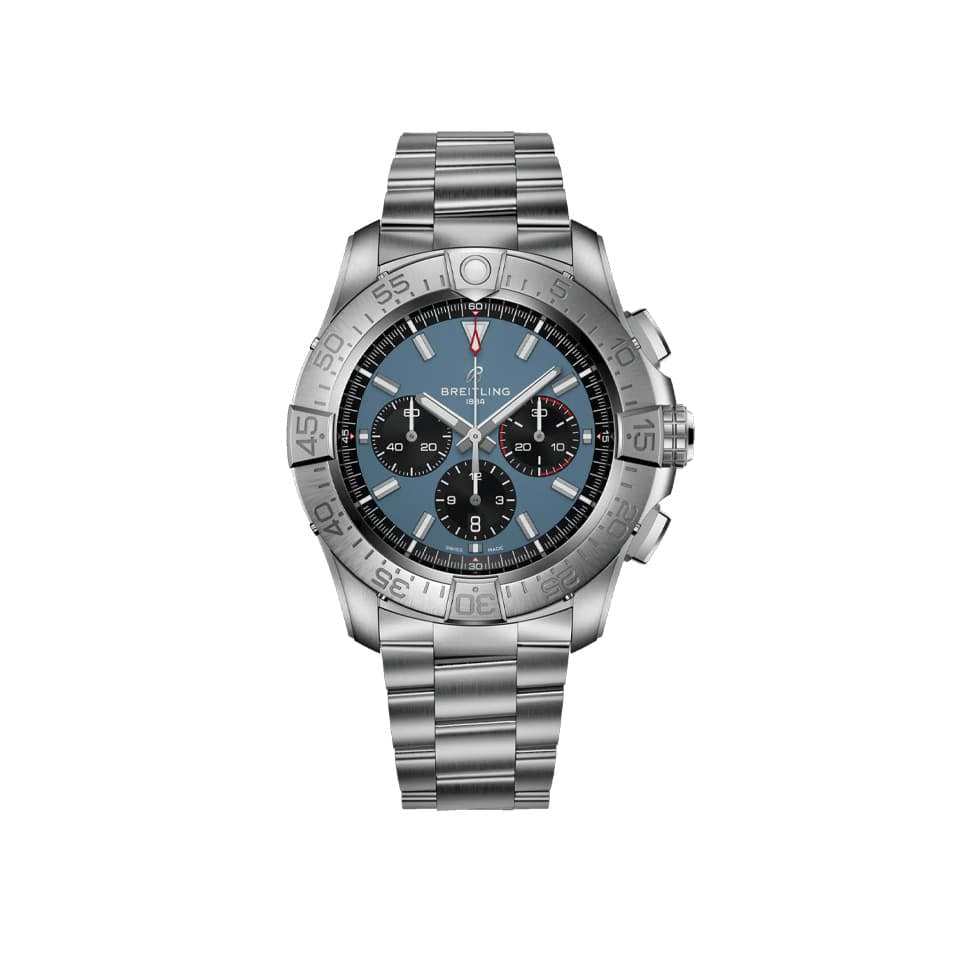 Breitling Super Avenger B01 Chronograph 46mm Watch EB0148101C1E1 displays its blue dial in military-inspired shades, built for the toughest cockpits. The lightweight titanium case and unidirectional ratcheted bezel define the Super Avenger's aviation-grade construction.
