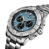 Breitling Super Avenger B01 Chronograph 46mm Watch EB0148101C1E1 shows the sapphire crystal and screw-locked crown from an angled perspective. The three-row titanium bracelet connects seamlessly to the 46mm case.