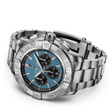 Breitling Super Avenger B01 Chronograph 46mm Watch EB0148101C1E1 reveals the straight-link detail of its three-row titanium bracelet with a micro-adjustable folding clasp. The bracelet's finish matches the tone of the 46mm titanium case.