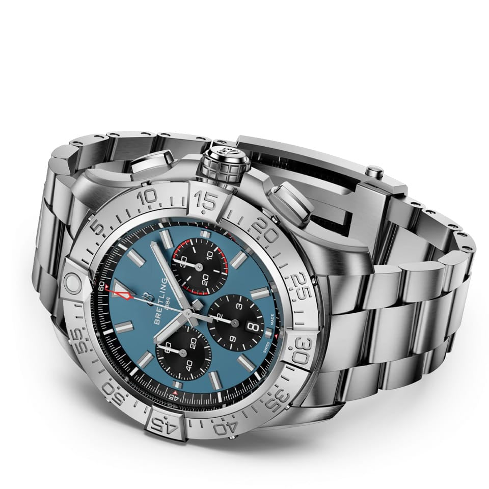 Breitling Super Avenger B01 Chronograph 46mm Watch EB0148101C1E1 reveals the straight-link detail of its three-row titanium bracelet with a micro-adjustable folding clasp. The bracelet's finish matches the tone of the 46mm titanium case.