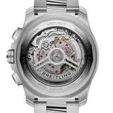 Breitling Super Avenger B01 Chronograph 46mm Watch EB0148101C1E1 features a screw-secured sapphire crystal case back protecting the self-winding Breitling Manufacture Caliber 01 movement. The case back sits within the 46mm titanium case, measuring 15.2mm in thickness.