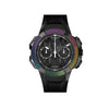 Front on view of the Jacob & Co. Epic X Chrono Automatic Chronograph 44mm Men's Watch, reference EC432.11.AB.AA.A, featuring a Black PVD case and Black dial set against a striking Rainbow Bezel. This Round-shaped, individually numbered Limited Edition timepiece pairs a Rubber Strap with 200m water resistance for a technical sport-luxury finish.