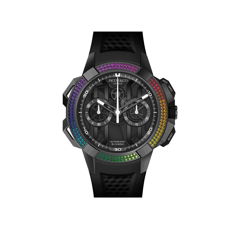 Front on view of the Jacob & Co. Epic X Chrono Automatic Chronograph 44mm Men's Watch, reference EC432.11.AB.AA.A, featuring a Black PVD case and Black dial set against a striking Rainbow Bezel. This Round-shaped, individually numbered Limited Edition timepiece pairs a Rubber Strap with 200m water resistance for a technical sport-luxury finish.