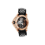 Back of band view of the Jacob & Co. Epic X Bridges 18K Rose Gold Black Manual Wind 44mm Watch, reference EX120.43.AB.AB.A, showing the Black Honeycomb Rubber strap construction as it meets the case. The 18K Rose Gold Pin Buckle is visible at the strap's closure point.