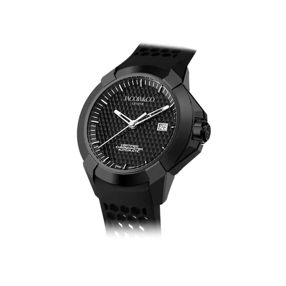 Front on view of the Jacob & Co. Epic X Sport Automatic 41mm Black PVD Stainless Steel Watch, reference EX130.11.AA.AA.A, featuring a Black Diamond-shaped Pattern dial with skeletonized, Rhodium-finished hands. This individually numbered Limited Edition timepiece showcases its Black Aluminum inner ring and Honeycomb Rubber strap against a matte black case finish.