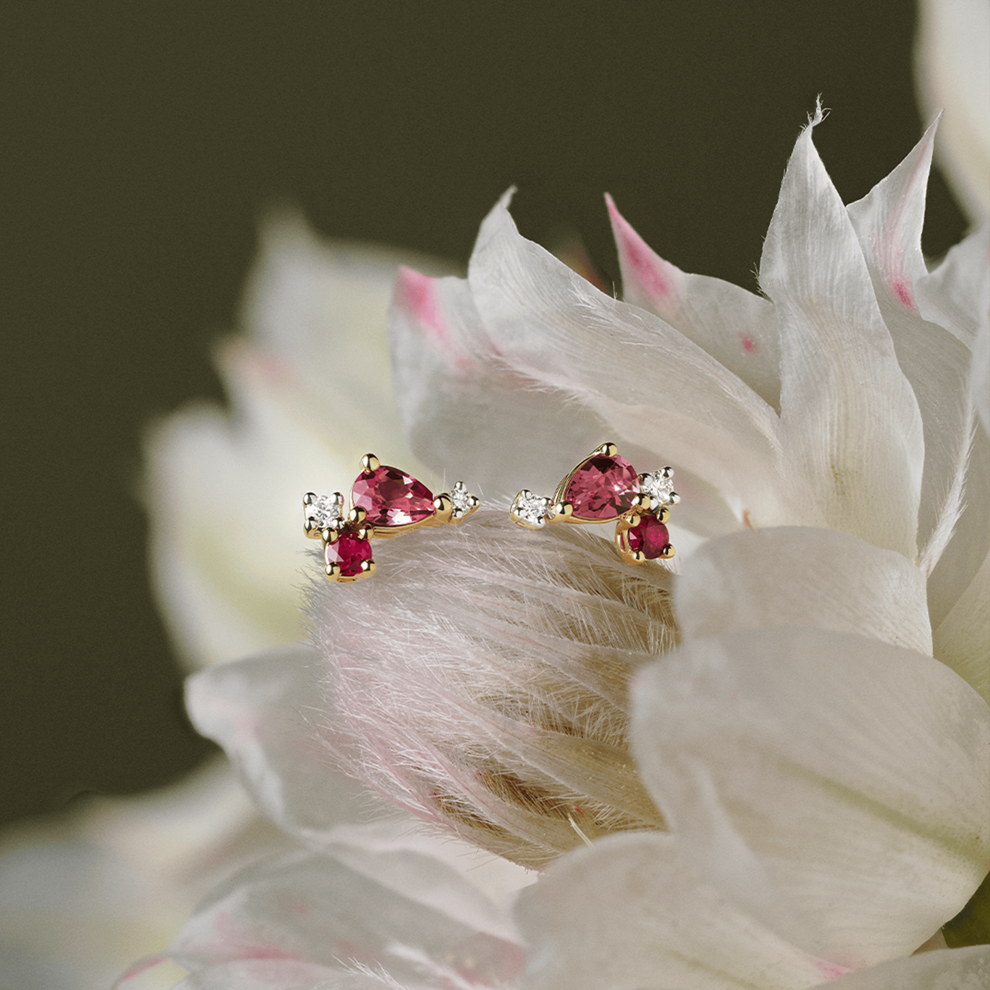 Elysian Pink Tourmaline Ruby and Diamond Cluster Stud Earrings in 18ct Yellow Gold