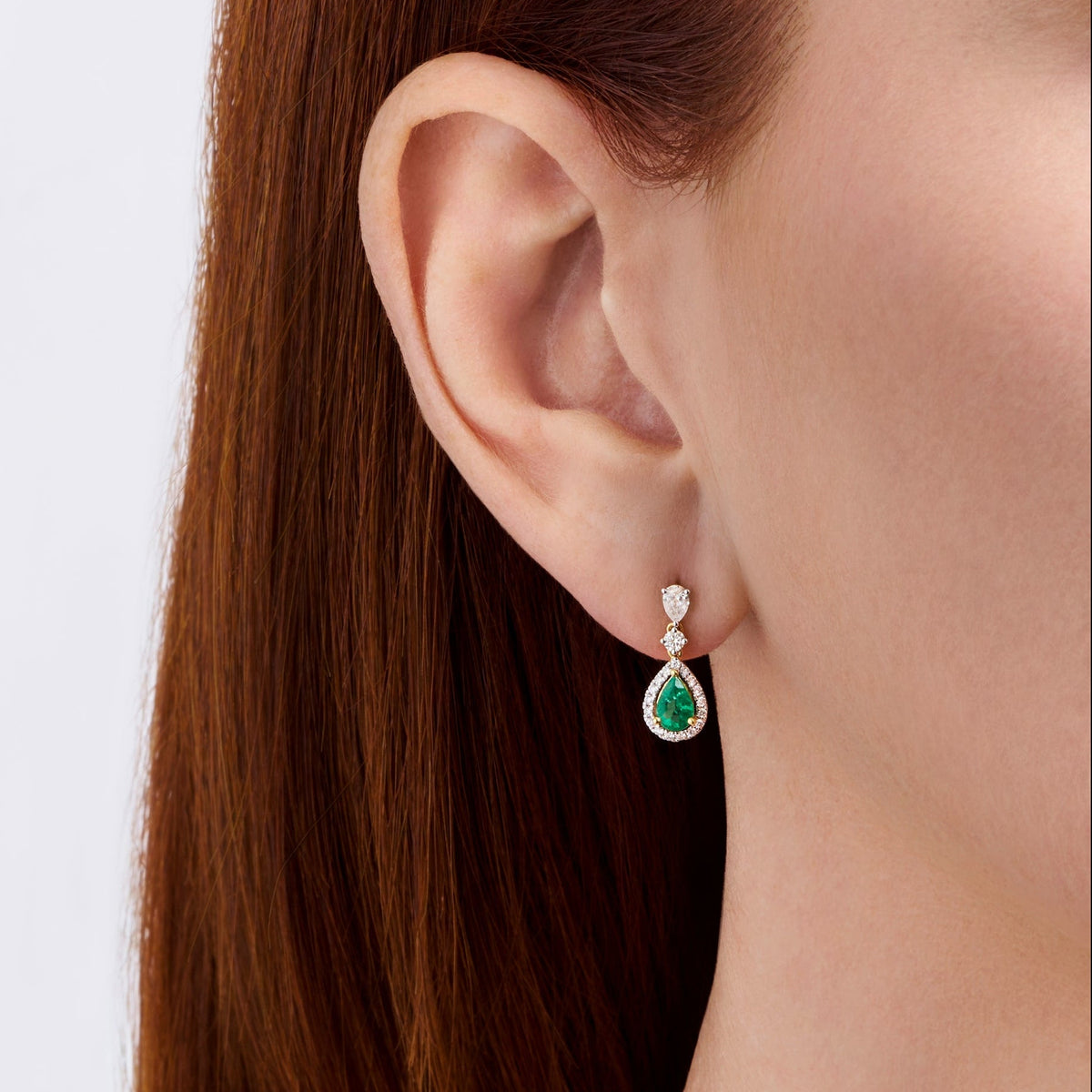Pear Cut Emerald and Diamond Halo Drop Earrings in 18ct Yellow and White Gold