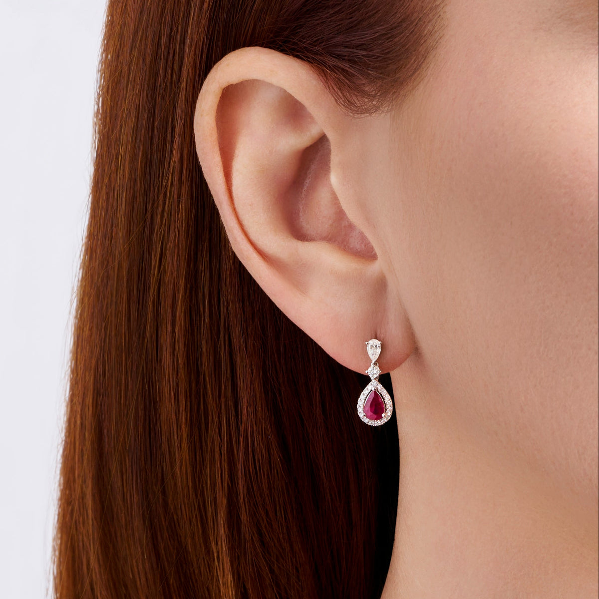 Pear Cut Ruby and Diamond Halo Drop Earrings in 18ct White Gold