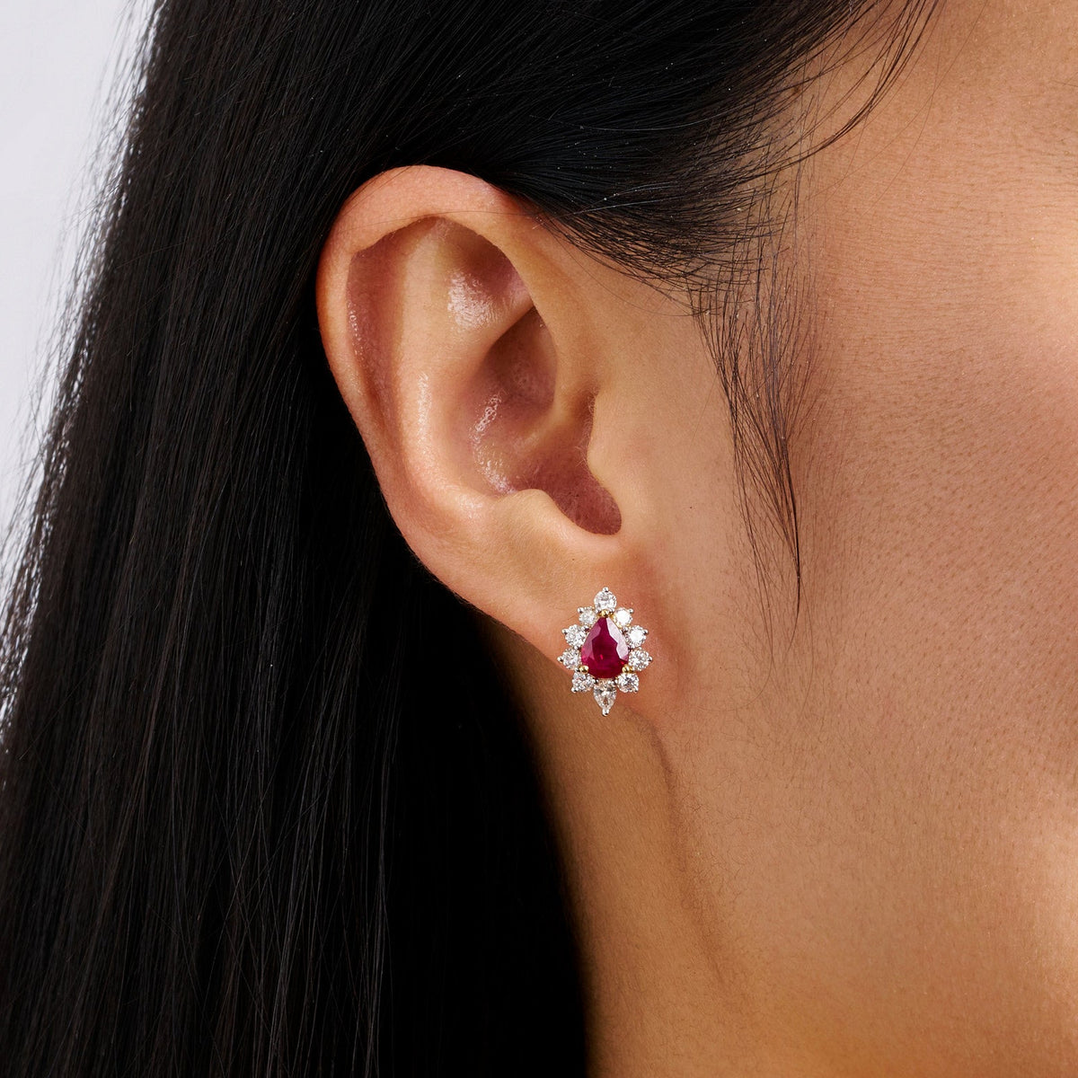 Pear Cut Ruby and Diamond Halo Stud Earrings in 18ct Yellow Gold