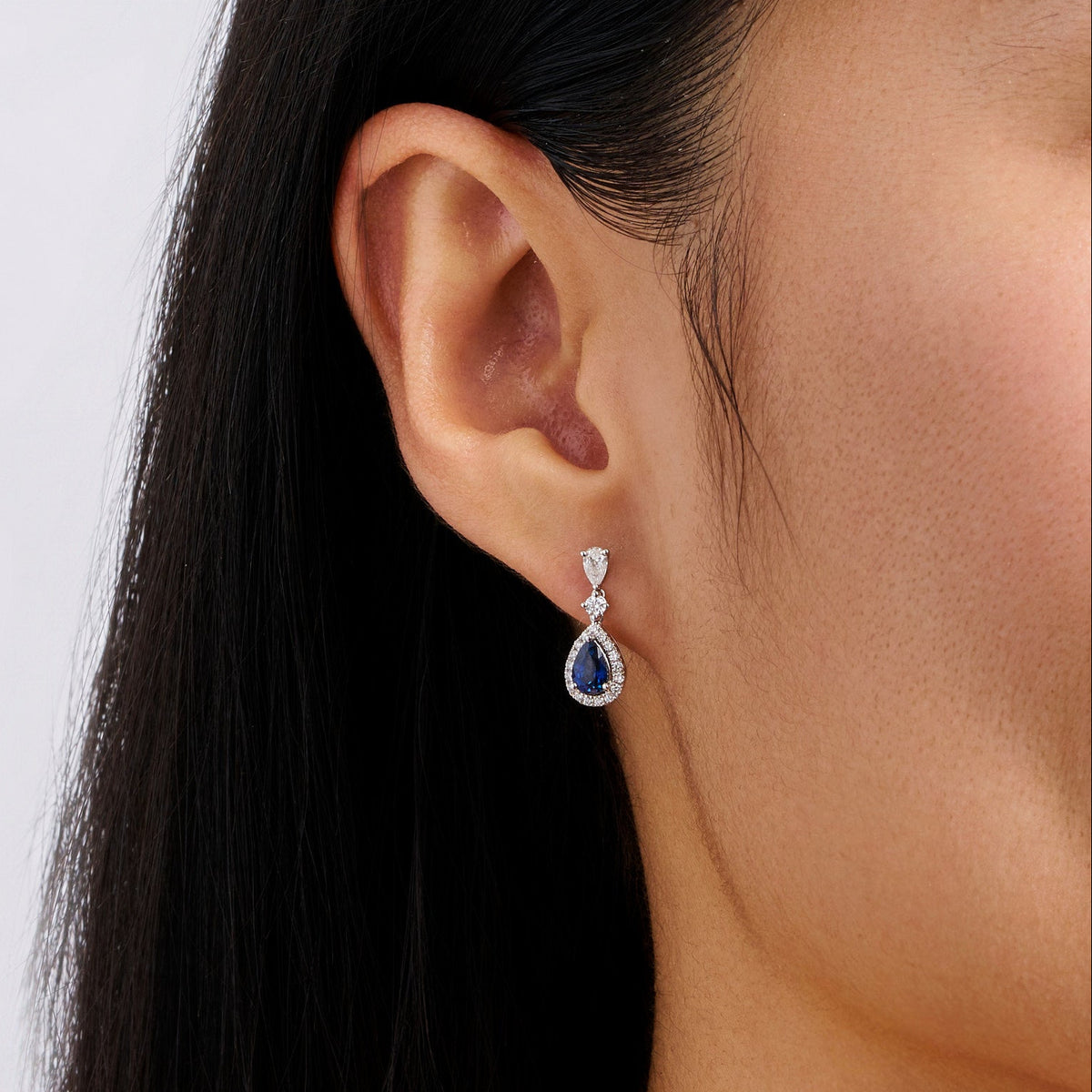 Pear Cut Sapphire and Diamond Halo Drop Earrings in 18ct White Gold