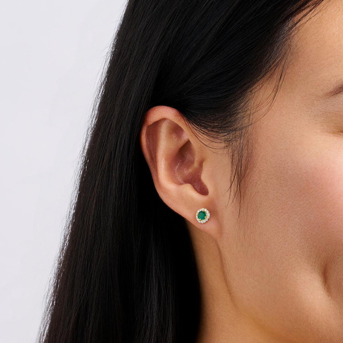 Emerald and Diamond Halo Stud Earrings in 18ct Yellow Gold