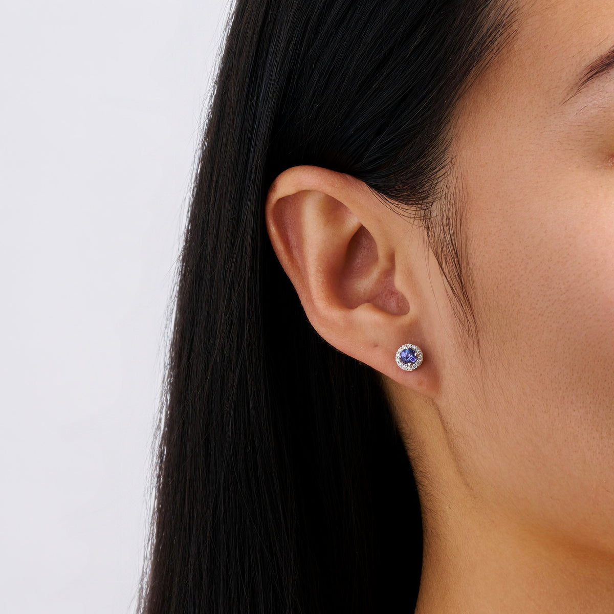 Tanzanite and Diamond Halo Stud Earrings in 18ct White Gold
