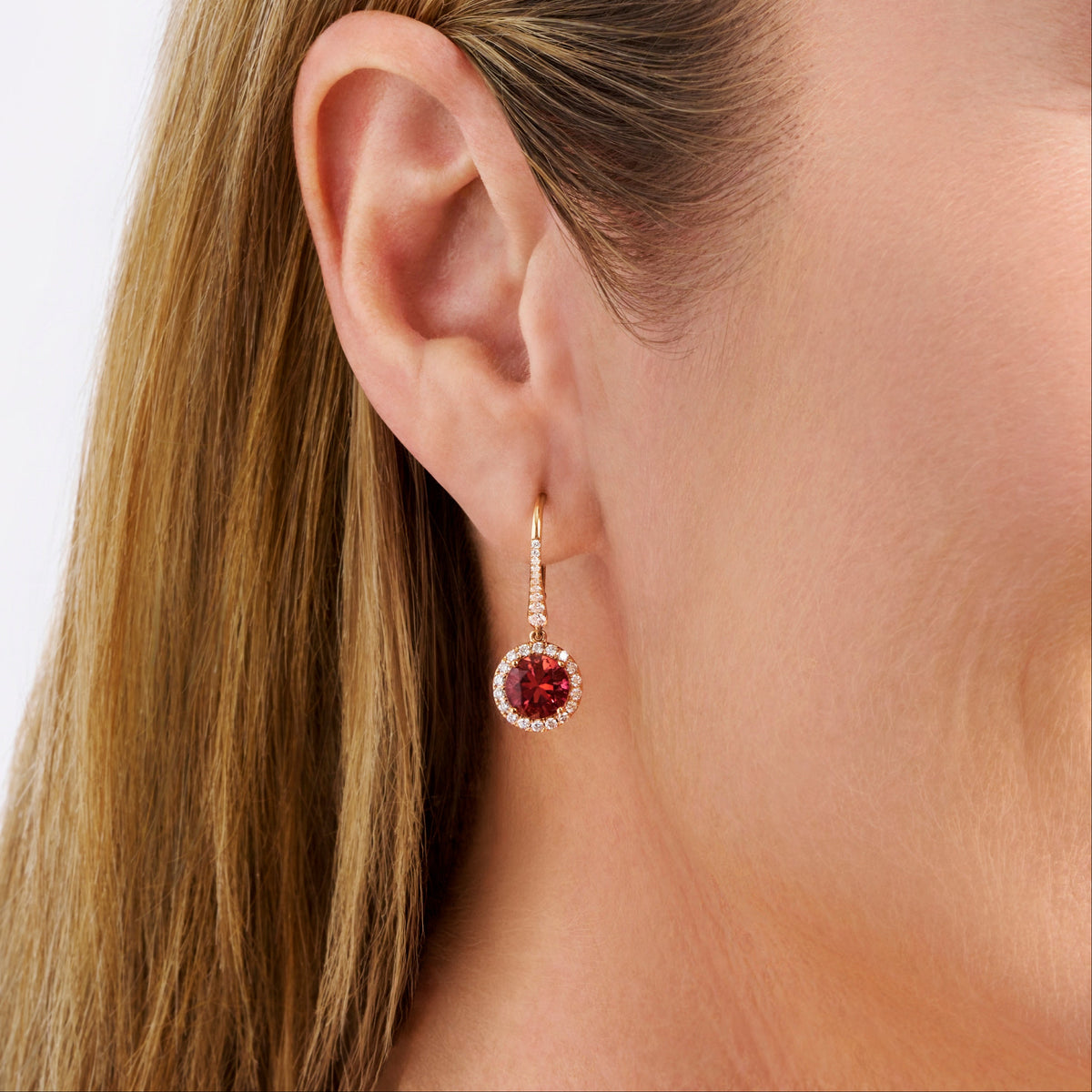 Pink Tourmaline Round and Diamond Halo Drop Earrings in 18ct Rose Gold