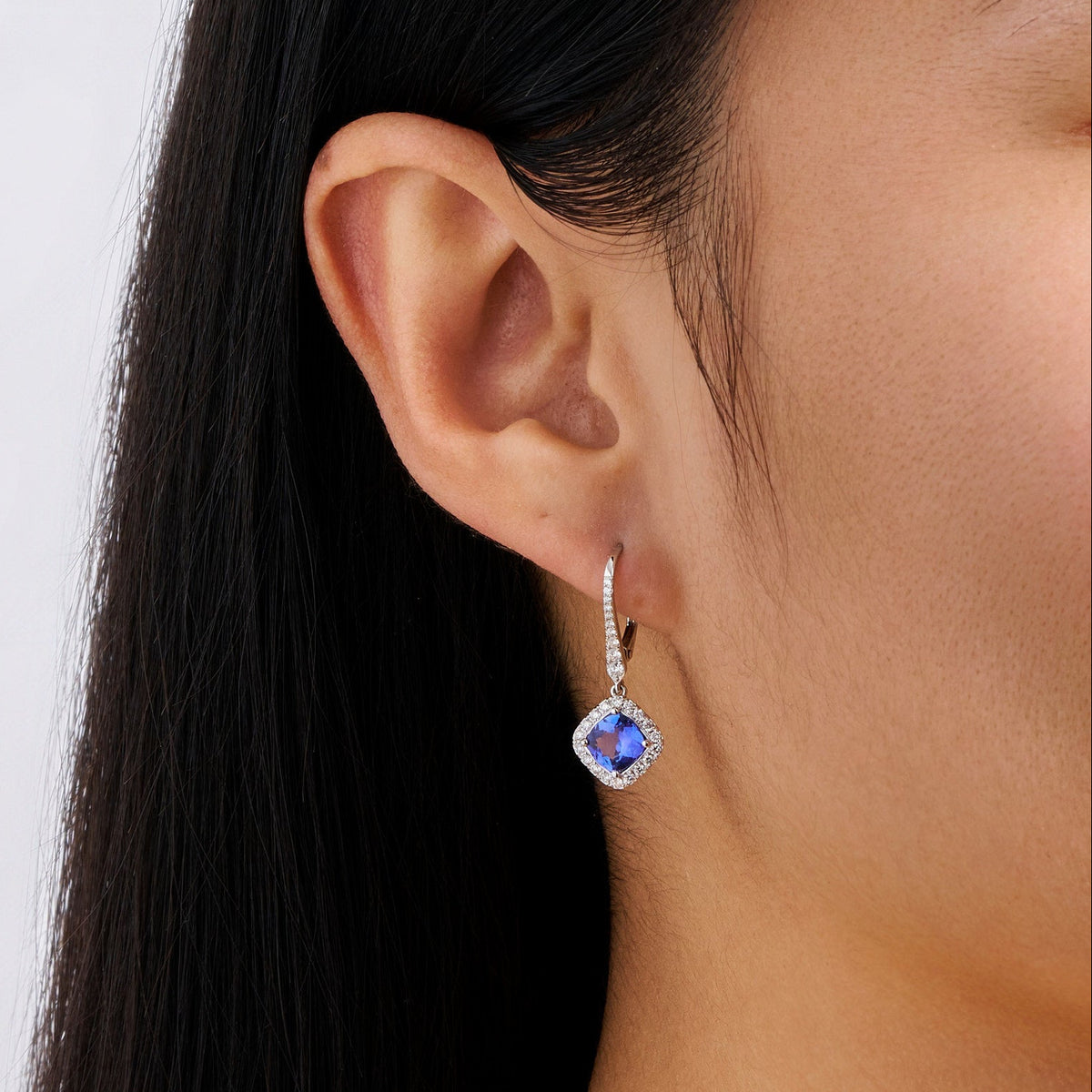 Tanzanite Cushion and Diamond Halo Drop Earrings in 18ct White Gold