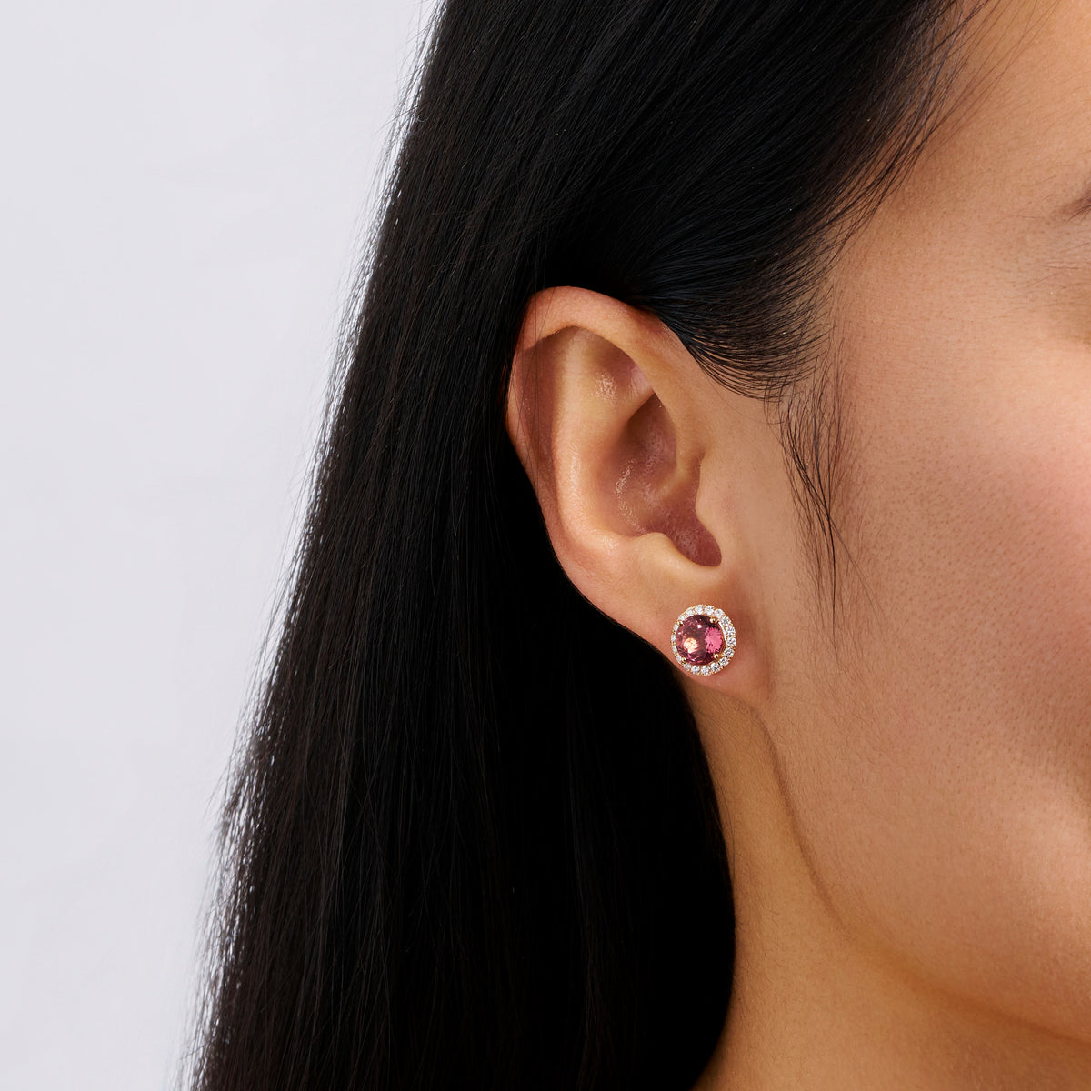 Pink Tourmaline Round and Diamond Halo Stud Earrings in 18ct Rose Gold